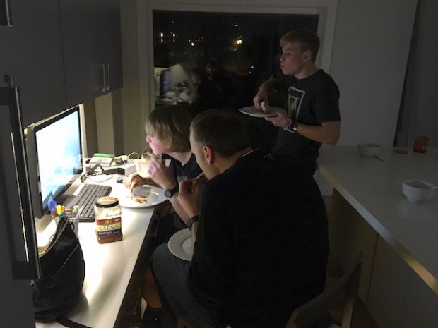 Dave, Kyle and Eli eating dinner and watching YouTube