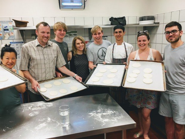 Us at arepa class at Chao Pescao at the Andaz Papagayo Resort, Costa Rica