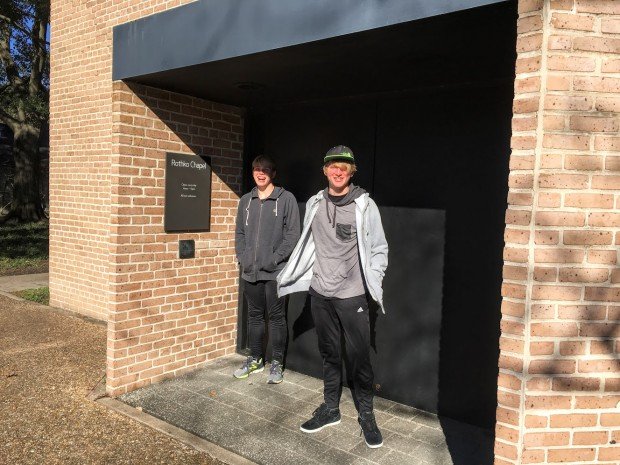 The boys outside of the Rothko Chapel, Houston, Texas